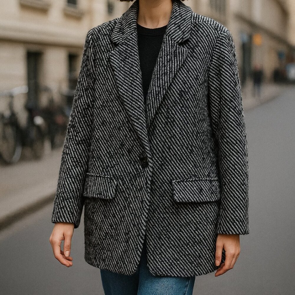 SUNCOO Paris Manteau Edison Coat Jacket T1 Women Black White Tweed Wool Blend